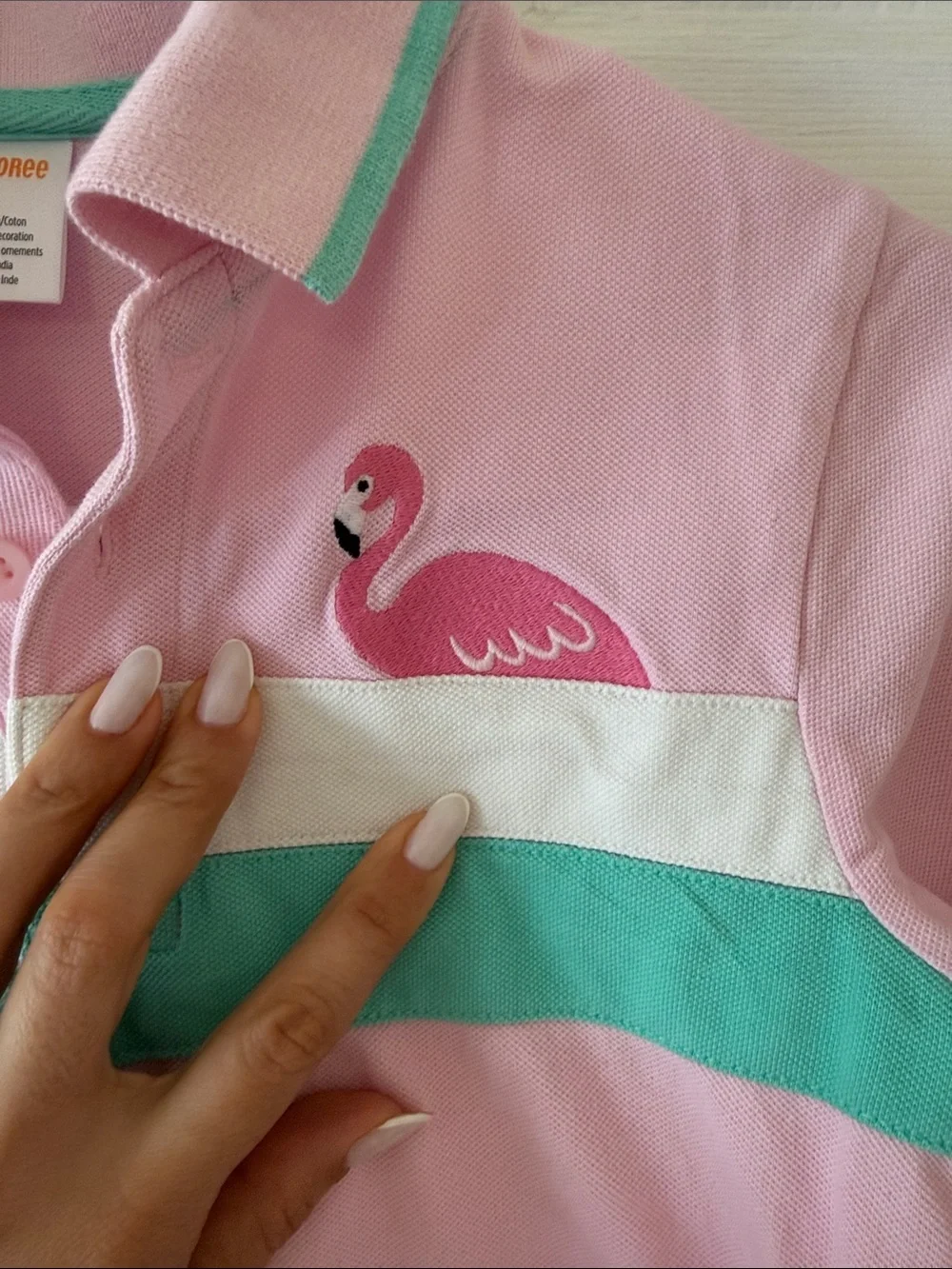 Gymboree Pink Polo with Teal and White Stripes and Flamingo Patch